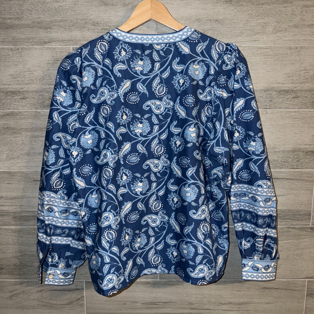 J McLaughlin Giselle Shirt Size Small Blue White Paisley Balloon Sleeves Pleated - Picture 4 of 6